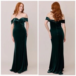 REVELRY Emerald Bardot Velvet Bridesmaid Dress 10 Maxi Off Shoulder Black Tie